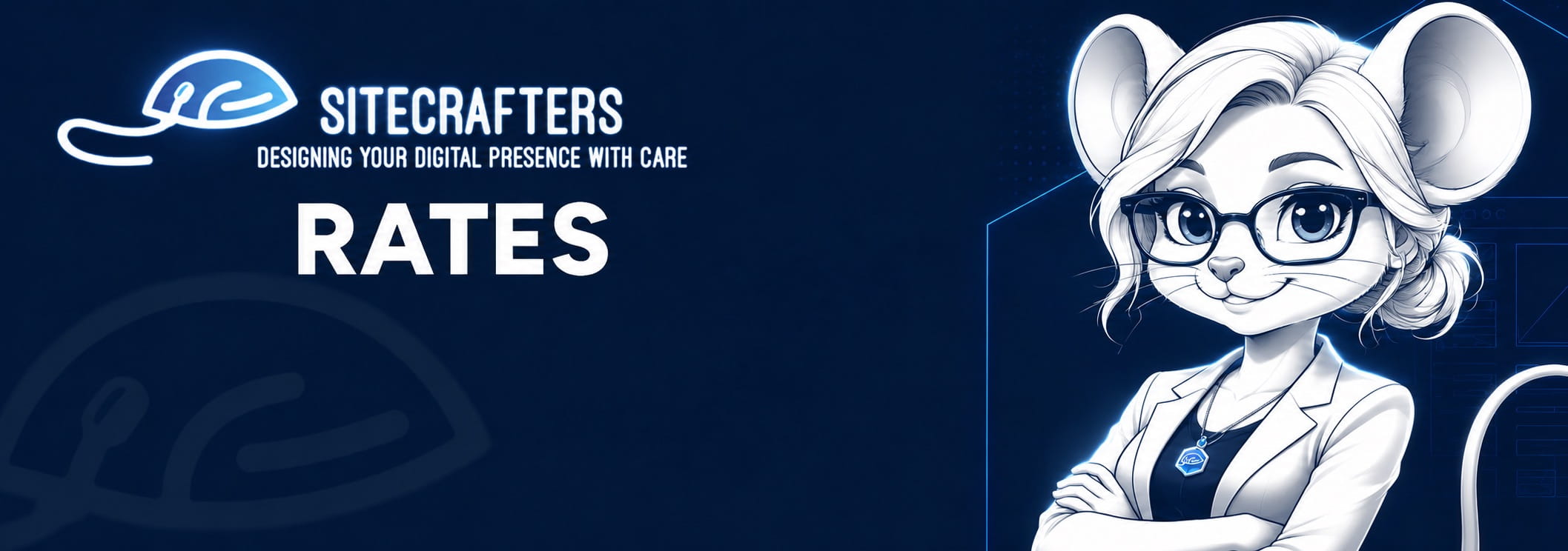 Mira, the SiteCrafters digital mouse mascot, representing the SiteCrafters Rates and Services page.